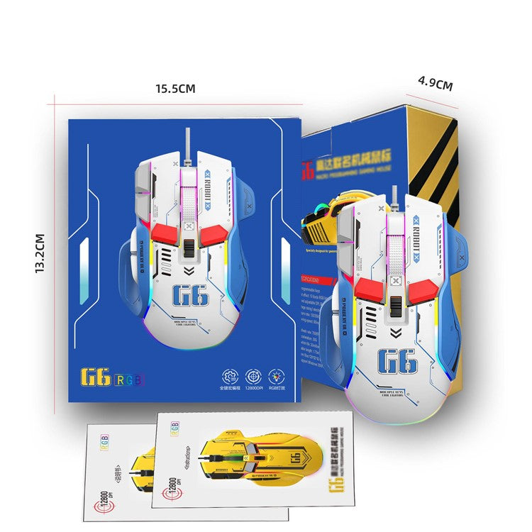 HXSJ G6 12800DPI 10 Buttons USB Wired Computer Laptop Mice Macro Programming Gaming Mouse with RGB Light - White