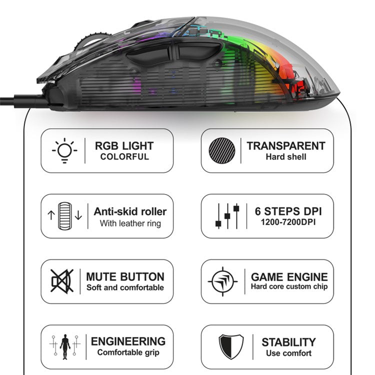 XUNFOX XYH10 USB Wired Transparent Mouse 6-Speed DPI 7 Keys Gaming Mouse with RGB Light for PC / Laptop - Black