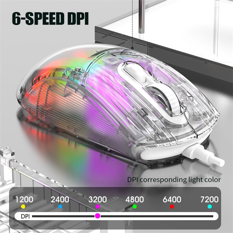 XUNFOX XYH10 USB Wired Transparent Mouse 6-Speed DPI 7 Keys Gaming Mouse with RGB Light for PC / Laptop - Black