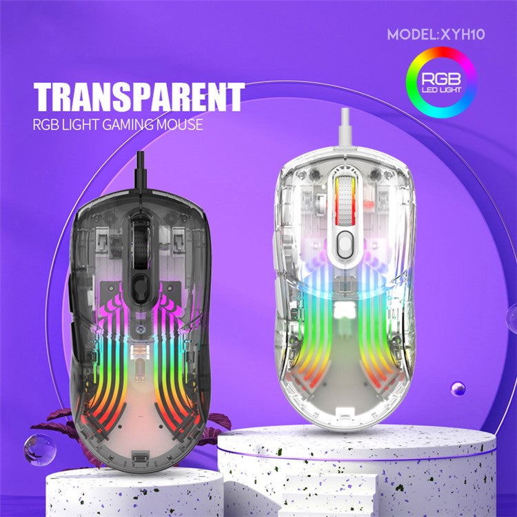 XUNFOX XYH10 USB Wired Transparent Mouse 6-Speed DPI 7 Keys Gaming Mouse with RGB Light for PC / Laptop - White