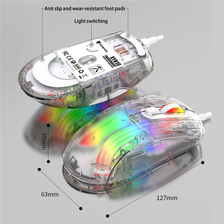 XUNFOX XYH10 USB Wired Transparent Mouse 6-Speed DPI 7 Keys Gaming Mouse with RGB Light for PC / Laptop - White