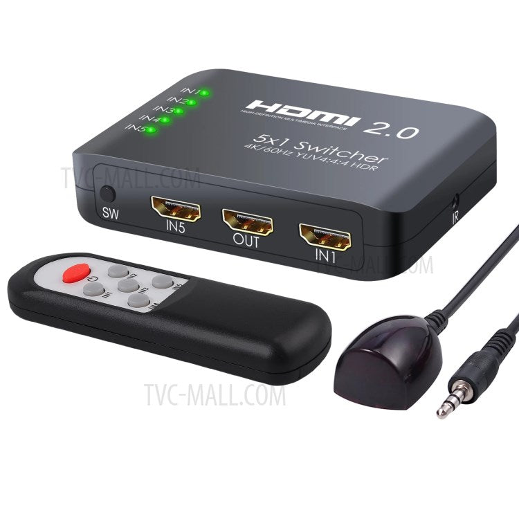 5 Input 1 Output 4K HDMI Switcher Hub YUV 4:4:4 HDR HDMI 2.0 Switcher Adapter with IR Receiver Remote Control