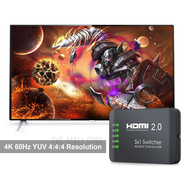 5 Input 1 Output 4K HDMI Switcher Hub YUV 4:4:4 HDR HDMI 2.0 Switcher Adapter with IR Receiver Remote Control