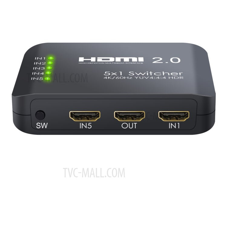 5 Input 1 Output 4K HDMI Switcher Hub YUV 4:4:4 HDR HDMI 2.0 Switcher Adapter with IR Receiver Remote Control