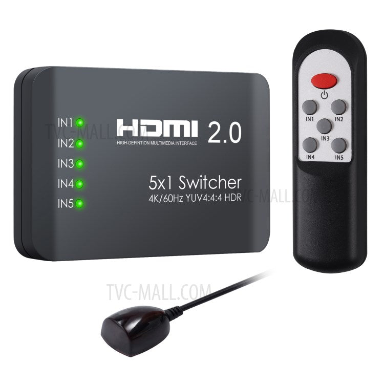 5 Input 1 Output 4K HDMI Switcher Hub YUV 4:4:4 HDR HDMI 2.0 Switcher Adapter with IR Receiver Remote Control