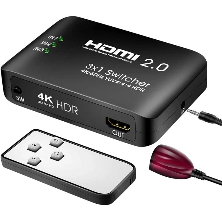 3 Input 1 Output 4K HDMI Switcher Hub YUV 4:4:4 HDR HDCP HDMI 2.0 Adapter Switcher with IR Receiver Remote Control for PS4 Xbox One HDTV