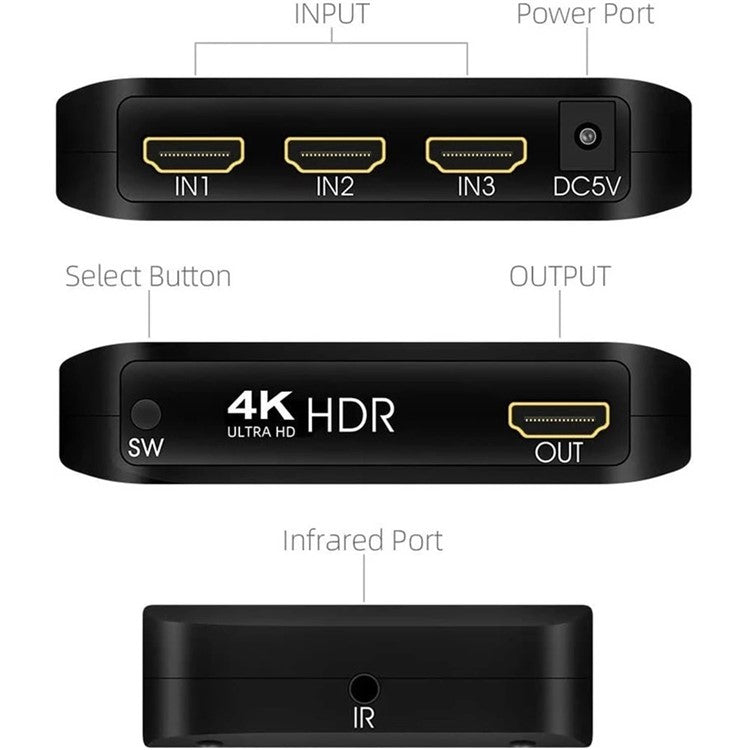 3 Input 1 Output 4K HDMI Switcher Hub YUV 4:4:4 HDR HDCP HDMI 2.0 Adapter Switcher with IR Receiver Remote Control for PS4 Xbox One HDTV
