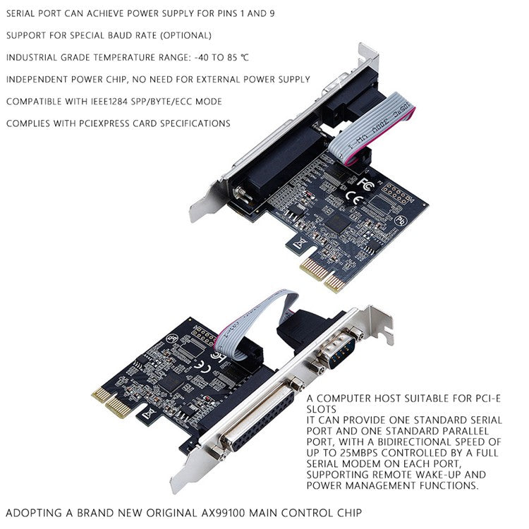 TXB075 PCI-E 1X Parallel + 1 Serial COM Port RS232 Adapter to 9-Pin Expansion Xard AX99100-PCIe