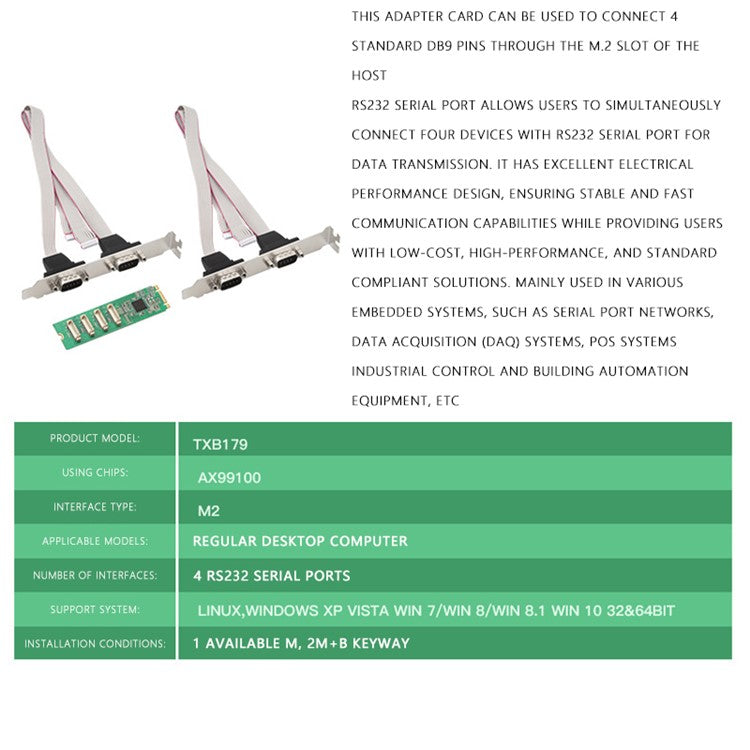 TXB179 COM Port M KEY Adapter Card DB9 Pin Expansion Card M.2 to 4X RS232 Serial Port Card