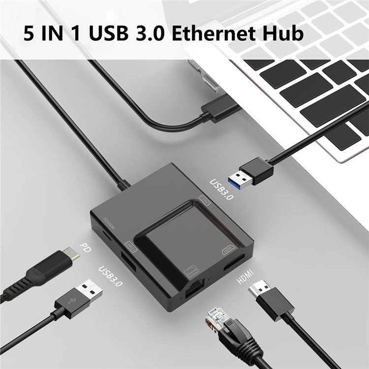 NK-3057HDMI USB-C Hub Adapter to 2xUSB 3.0+HD+Type-C+RJ45 Converter for Laptop
