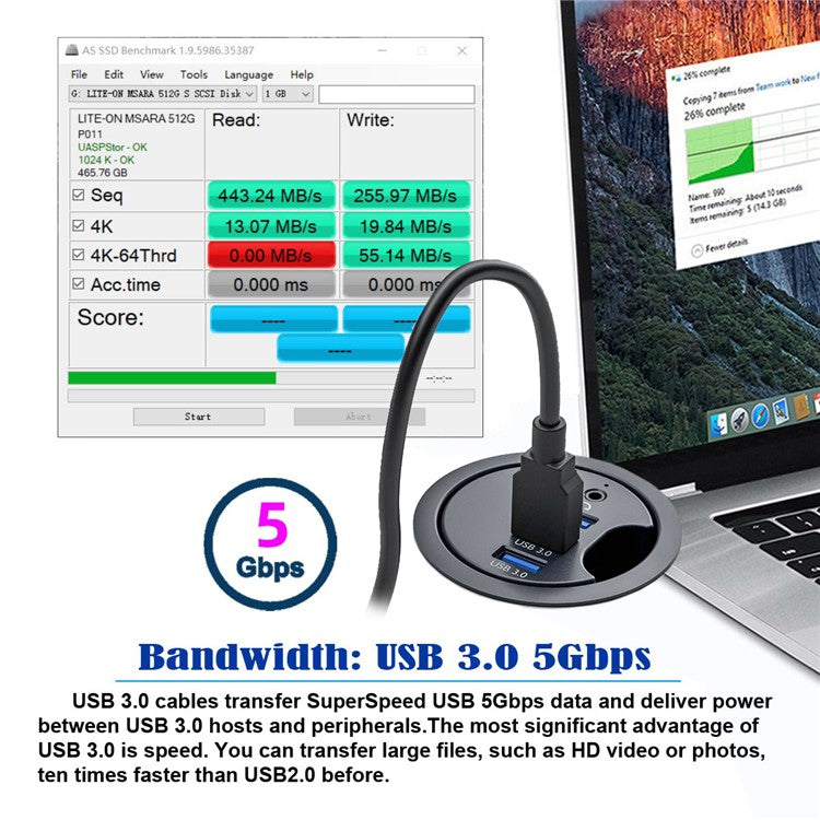 U3-095-HUB03 3X USB 3.0 Hub with Audio Port 60mm Desk Grommet Splitter Dock Station for Desktop PC Desk