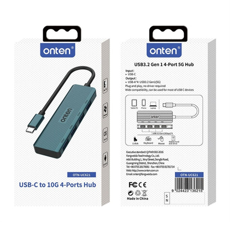 ONTEN UC621 15cm Cable Type-C to 4xUSB3.2 Gen1 Ports USB Hub Splitter Laptop Phone Adapter - Green