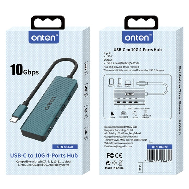 ONTEN UC620 15cm Cable Type-C to 4xUSB-C USB3.2 Gen2 Ports USB Hub Laptop Phone Adapter