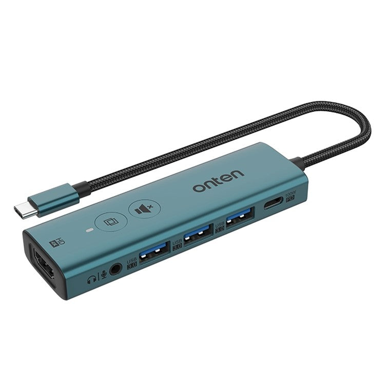 ONTEN UC123+ 15cm Cable Type-C to HD+3xUSB3.0+USB-C+3.5mm Ports USB Hub Adapter with Buttons - Green