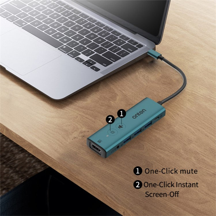 ONTEN UC123+ 15cm Cable Type-C to HD+3xUSB3.0+USB-C+3.5mm Ports USB Hub Adapter with Buttons - Green