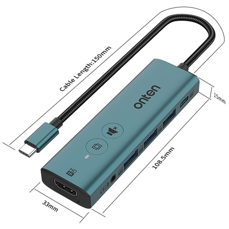 ONTEN UC123+ 15cm Cable Type-C to HD+3xUSB3.0+USB-C+3.5mm Ports USB Hub Adapter with Buttons - Green