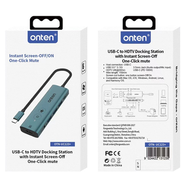 ONTEN UC123+ 15cm Cable Type-C to HD+3xUSB3.0+USB-C+3.5mm Ports USB Hub Adapter with Buttons - Green