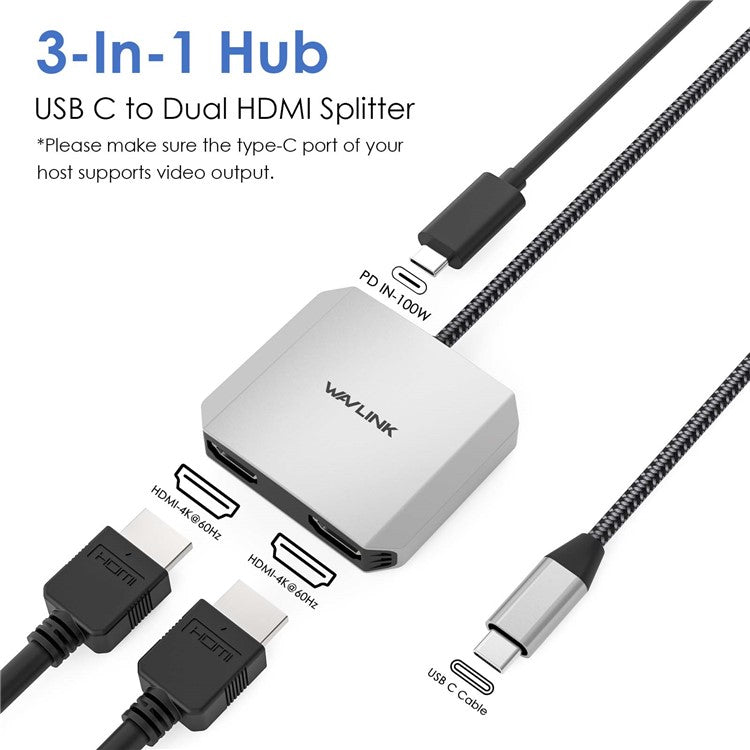 WAVLINK UHP510 Pro USB C to Dual HD Converter 4K 60Hz Dual Monitor Adapter Support 87W PD Charging