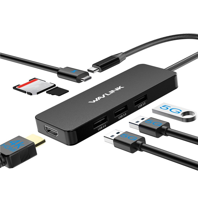 WAVLINK UHP3416 7-in-1 USB-C to 4K HD 100W PD Charging SD / TF Card Reader Docking Station - Black
