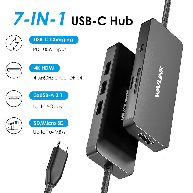 WAVLINK UHP3416 7-in-1 USB-C to 4K HD 100W PD Charging SD / TF Card Reader Docking Station - Black