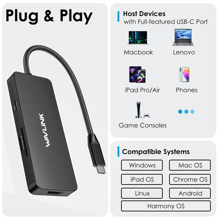 WAVLINK UHP3416 7-in-1 USB-C to 4K HD 100W PD Charging SD / TF Card Reader Docking Station - Black