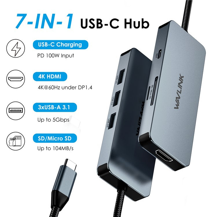 WAVLINK UHP3416 7-in-1 USB-C to 4K HD 100W PD Charging SD / TF Card Reader Docking Station - Grey