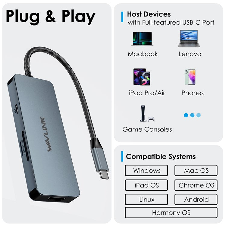 WAVLINK UHP3416 7-in-1 USB-C to 4K HD 100W PD Charging SD / TF Card Reader Docking Station - Grey