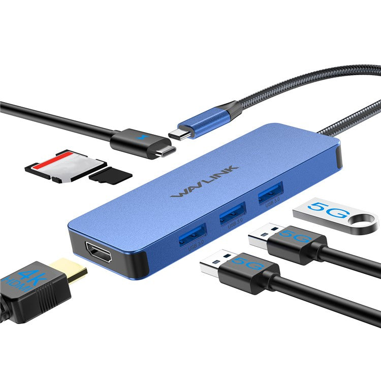 WAVLINK UHP3416 7-in-1 USB-C to 4K HD 100W PD Charging SD / TF Card Reader Docking Station - Blue