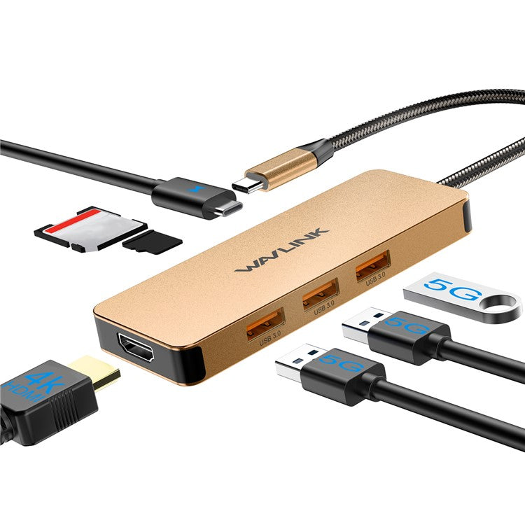 WAVLINK UHP3416 7-in-1 USB-C to 4K HD 100W PD Charging SD / TF Card Reader Docking Station - Rose Gold