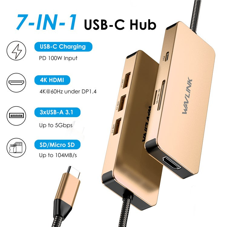 WAVLINK UHP3416 7-in-1 USB-C to 4K HD 100W PD Charging SD / TF Card Reader Docking Station - Rose Gold