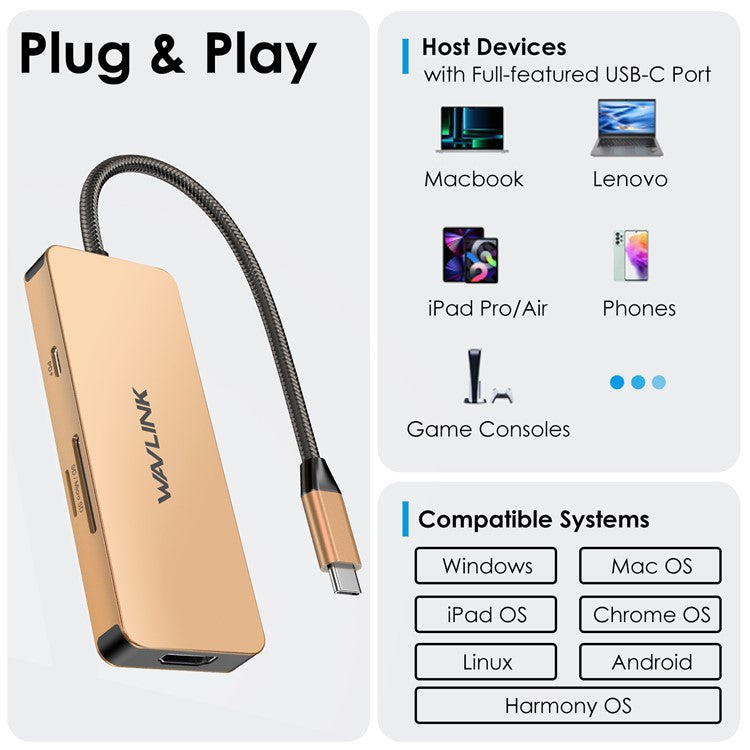 WAVLINK UHP3416 7-in-1 USB-C to 4K HD 100W PD Charging SD / TF Card Reader Docking Station - Rose Gold