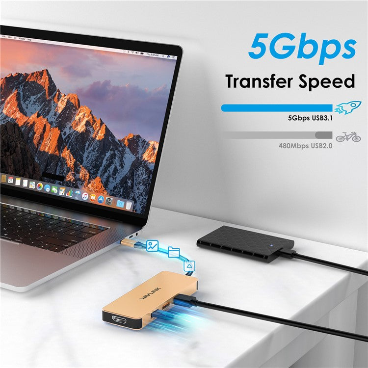WAVLINK UHP3416 7-in-1 USB-C to 4K HD 100W PD Charging SD / TF Card Reader Docking Station - Rose Gold