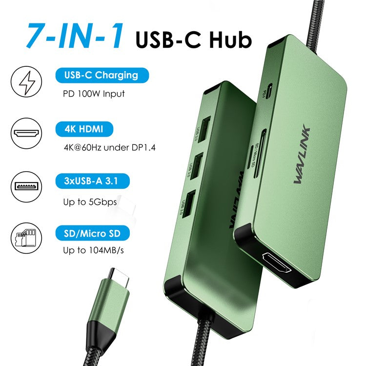 WAVLINK UHP3416 7-in-1 USB-C to 4K HD 100W PD Charging SD / TF Card Reader Docking Station - Blackish Green