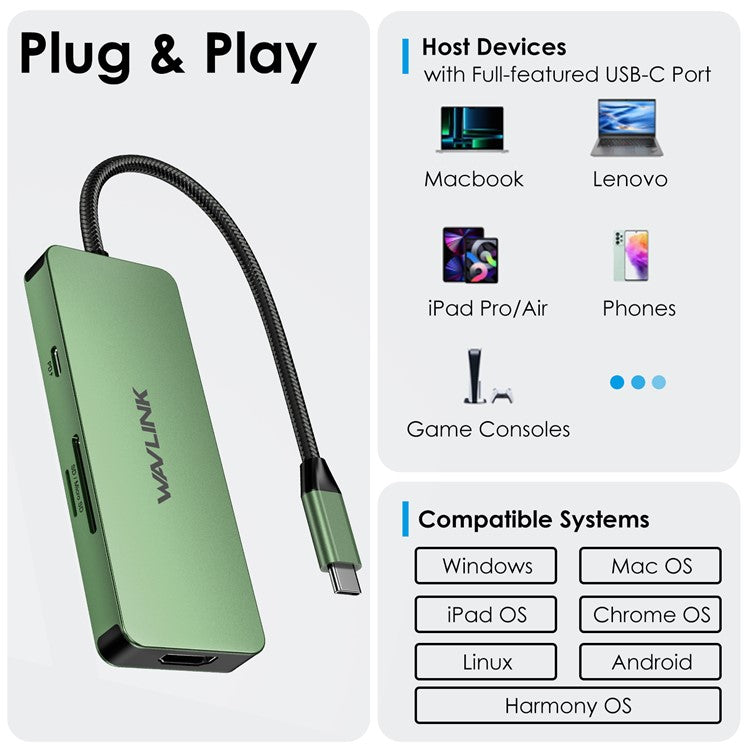 WAVLINK UHP3416 7-in-1 USB-C to 4K HD 100W PD Charging SD / TF Card Reader Docking Station - Blackish Green