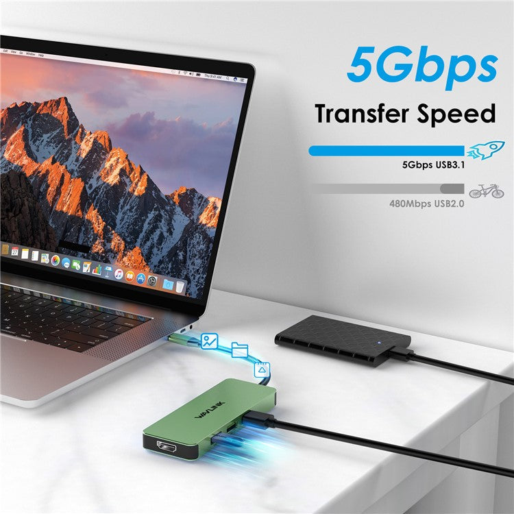 WAVLINK UHP3416 7-in-1 USB-C to 4K HD 100W PD Charging SD / TF Card Reader Docking Station - Blackish Green