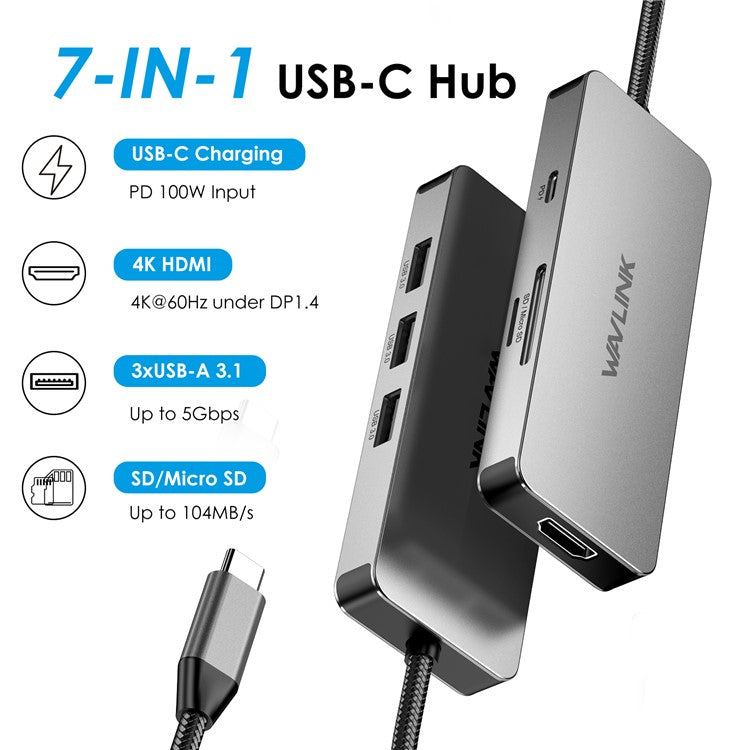 WAVLINK UHP3416 7-in-1 USB-C to 4K HD 100W PD Charging SD / TF Card Reader Docking Station - Dark Grey