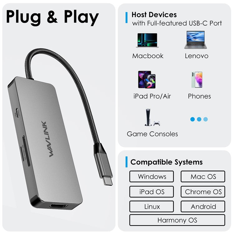 WAVLINK UHP3416 7-in-1 USB-C to 4K HD 100W PD Charging SD / TF Card Reader Docking Station - Dark Grey