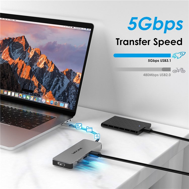 WAVLINK UHP3416 7-in-1 USB-C to 4K HD 100W PD Charging SD / TF Card Reader Docking Station - Dark Grey