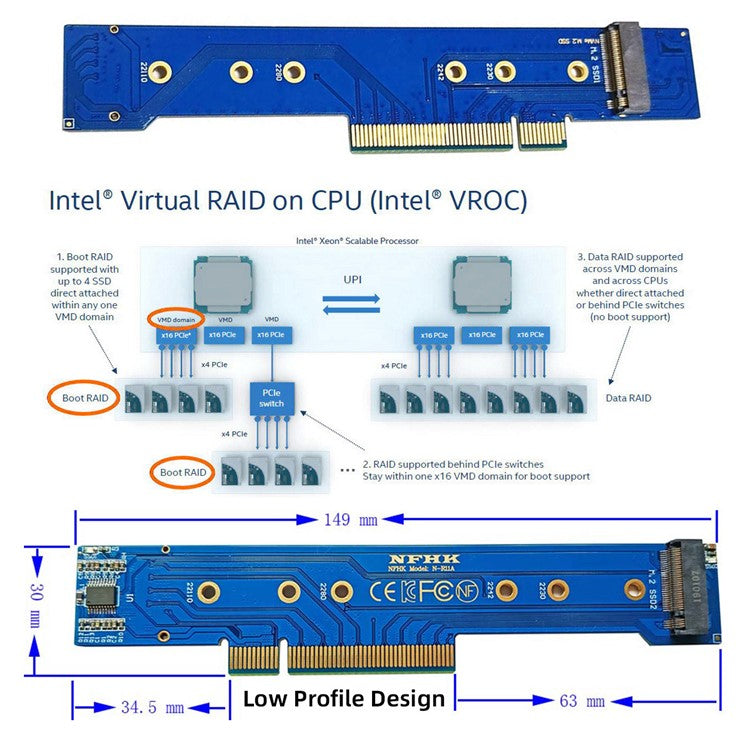 SA-012-LP Low Profile Dual 2x NVME M.2 SSD to PCIE Express Gen4 X8 X16 Raid Card VROC Raid0 Hyper Adapter