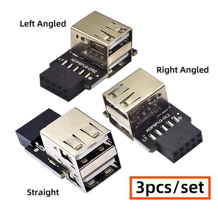 U2-075-2P 3Pcs / Set 9Pin / 10Pin Motherboard Front Panel Header Female to Dual USB 2.0 Female Adapter, Straight+Left+Right Angle