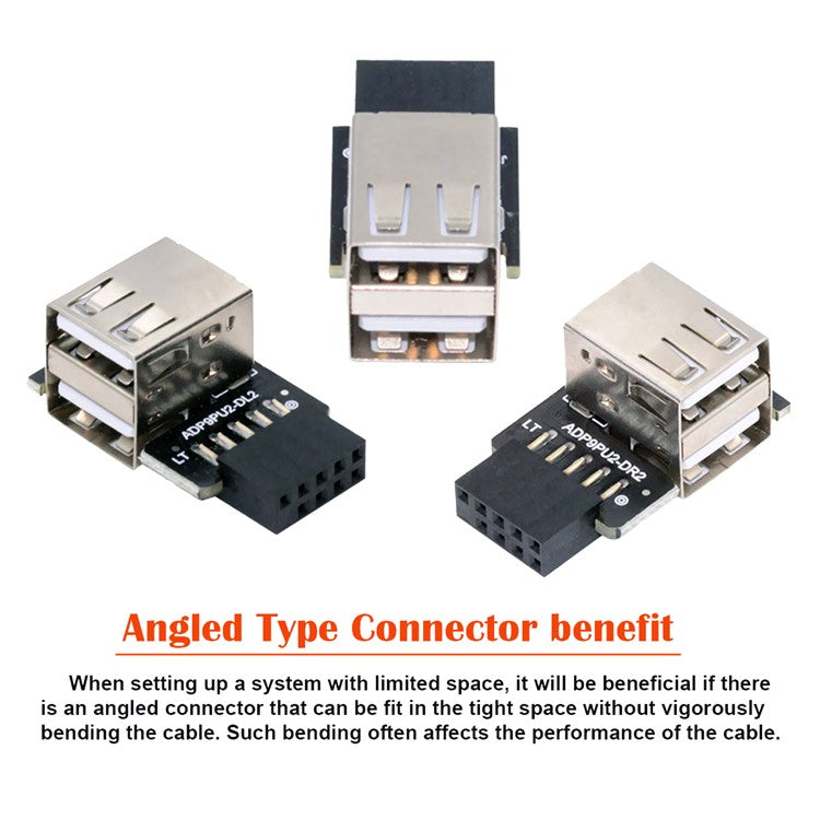 U2-075-2P 3Pcs / Set 9Pin / 10Pin Motherboard Front Panel Header Female to Dual USB 2.0 Female Adapter, Straight+Left+Right Angle