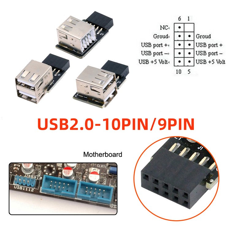 U2-075-2P 3Pcs / Set 9Pin / 10Pin Motherboard Front Panel Header Female to Dual USB 2.0 Female Adapter, Straight+Left+Right Angle