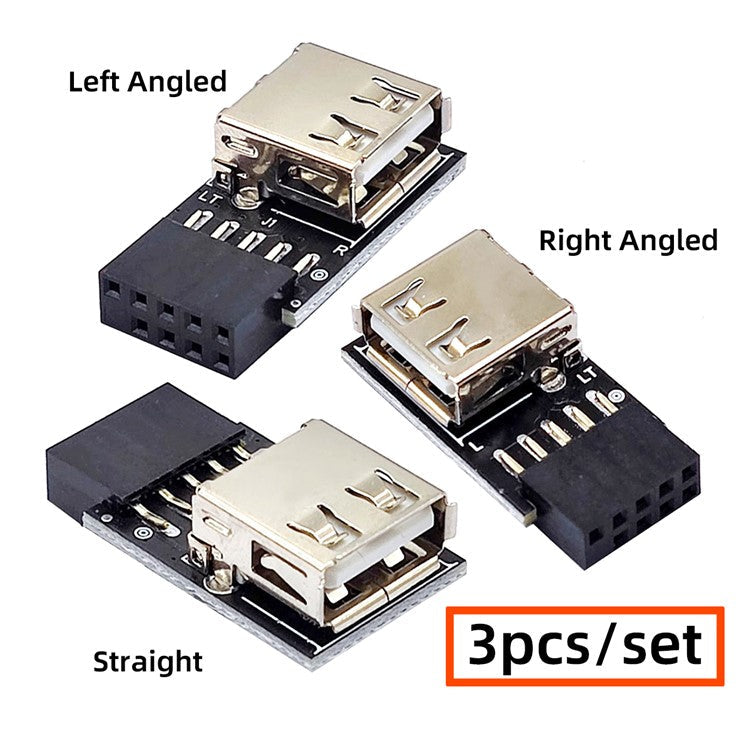 U2-075-1P 3Pcs / Set 9Pin / 10Pin Motherboard Front Panel Header Female to Single USB 2.0 Female Adapter, Straight+Left+Right Angle