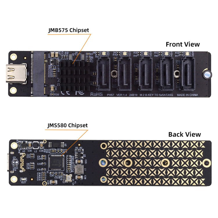 SA-035-TC 10Gbps Type-C to NGFF Key B+M SATA 6Gbps 5 Ports Adapter Converter, Chip: JMB575+JMS580