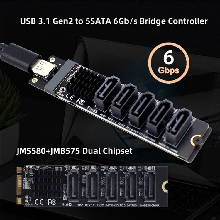SA-035-TC 10Gbps Type-C to NGFF Key B+M SATA 6Gbps 5 Ports Adapter Converter, Chip: JMB575+JMS580