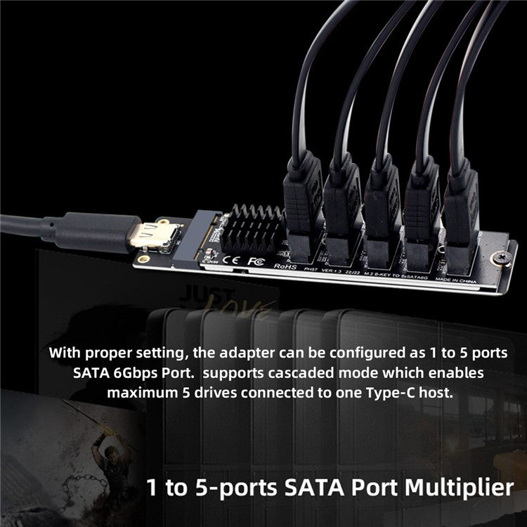 SA-035-TC 10Gbps Type-C to NGFF Key B+M SATA 6Gbps 5 Ports Adapter Converter, Chip: JMB575+JMS580