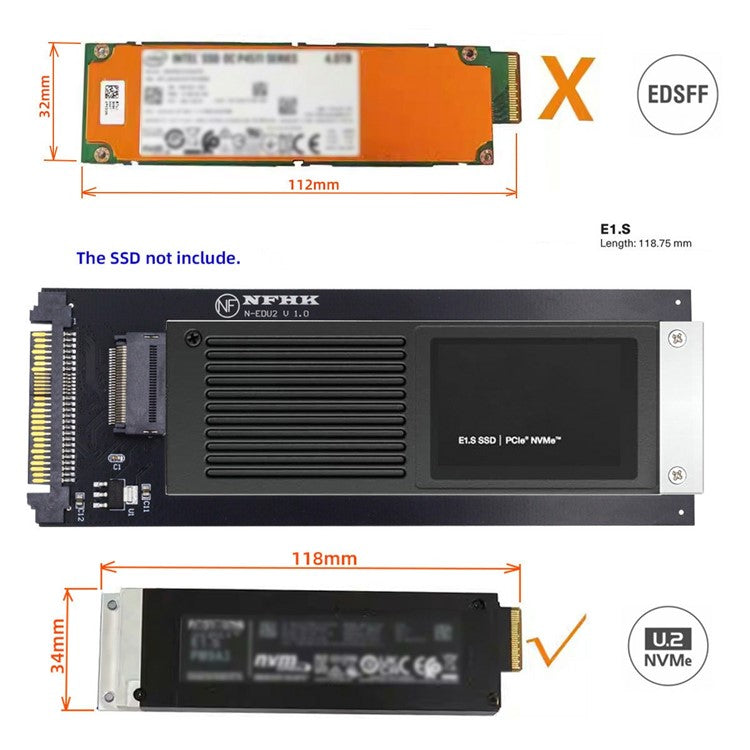 SF-072-PM U.2 SFF-8639 to PCI-E Ruler 1U GEN-Z EDSFF 9.5 / 15 / 25mm SSD E1.S Adapter with Heat Sink