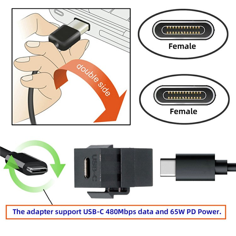 U2-078-CFCF USB 2.0 Type-C Female to Female Extension Keystone Adapter for Wall Plate Panel USB Cable
