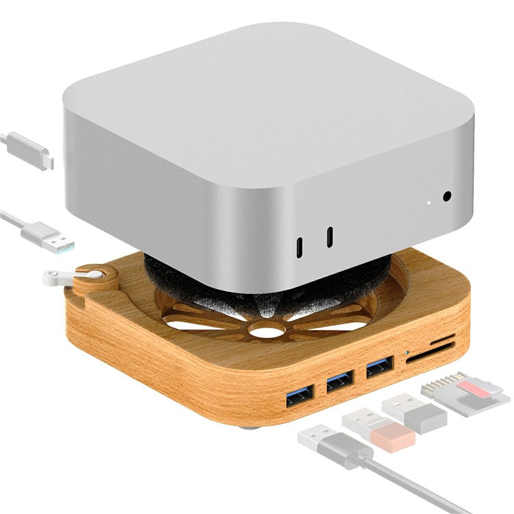 AJM4-FH For Mac Mini M4 / M4 Pro Wooden Expansion Dock USB 3.0 Hub TF / SD Card Reader Anti-Dust Stand