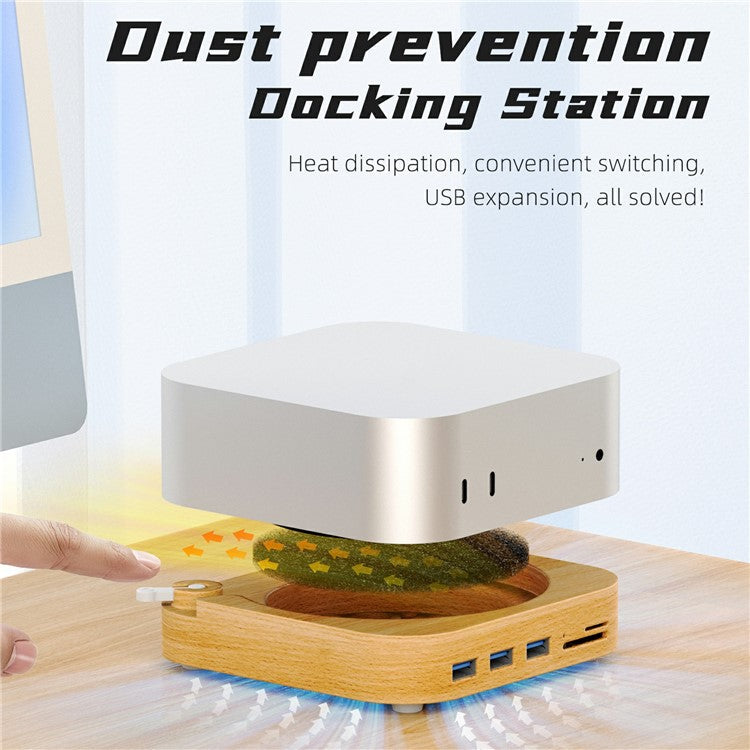 AJM4-FH For Mac Mini M4 / M4 Pro Wooden Expansion Dock USB 3.0 Hub TF / SD Card Reader Anti-Dust Stand